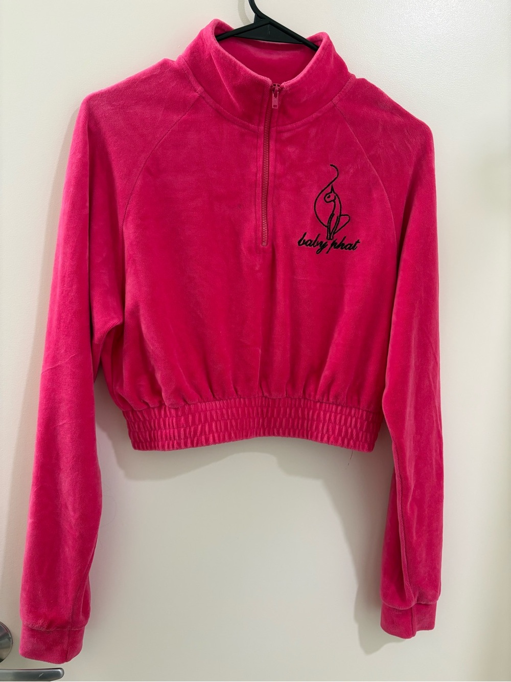 Baby Phat 💖 Vibrant Pink Cropped Half-Zip Velour Sweater